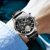 OLEVS 6658Automatic Watches for Men Self Winding Mechanical Chronograph Skeleton Flywheel Luxury Dress Black Brown Leather Diamond Moon Phase Waterproof Luminous Mens Wrist Watches Reloj Para Hombre