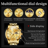 OLEVS 2858 Men's Watch, Business Chronograph Formal Stainless Steel Watch, Pointer Quartz Waterproof Luminous Men's Watch, Black and Blue Tone Stylish Holiday Gift