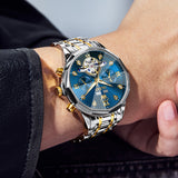 OLEVS 6621Automatic Watches for Men Luxury Dress Waterproof Self Winding Mechanical Moon Phase Chronograph Stainless Steel Luminous Diamond Date Skeleton Tourbillon Wristwatch for Men Reloj Para Hombre