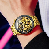 OLEVS 6722 Skeleton Watches for Men Luxury Dress Automatic Self Winding Mechanical Gold Plated Stainless Steel Waterproof Luminous Business Men Wrist Watch Reloj Para Hombre
