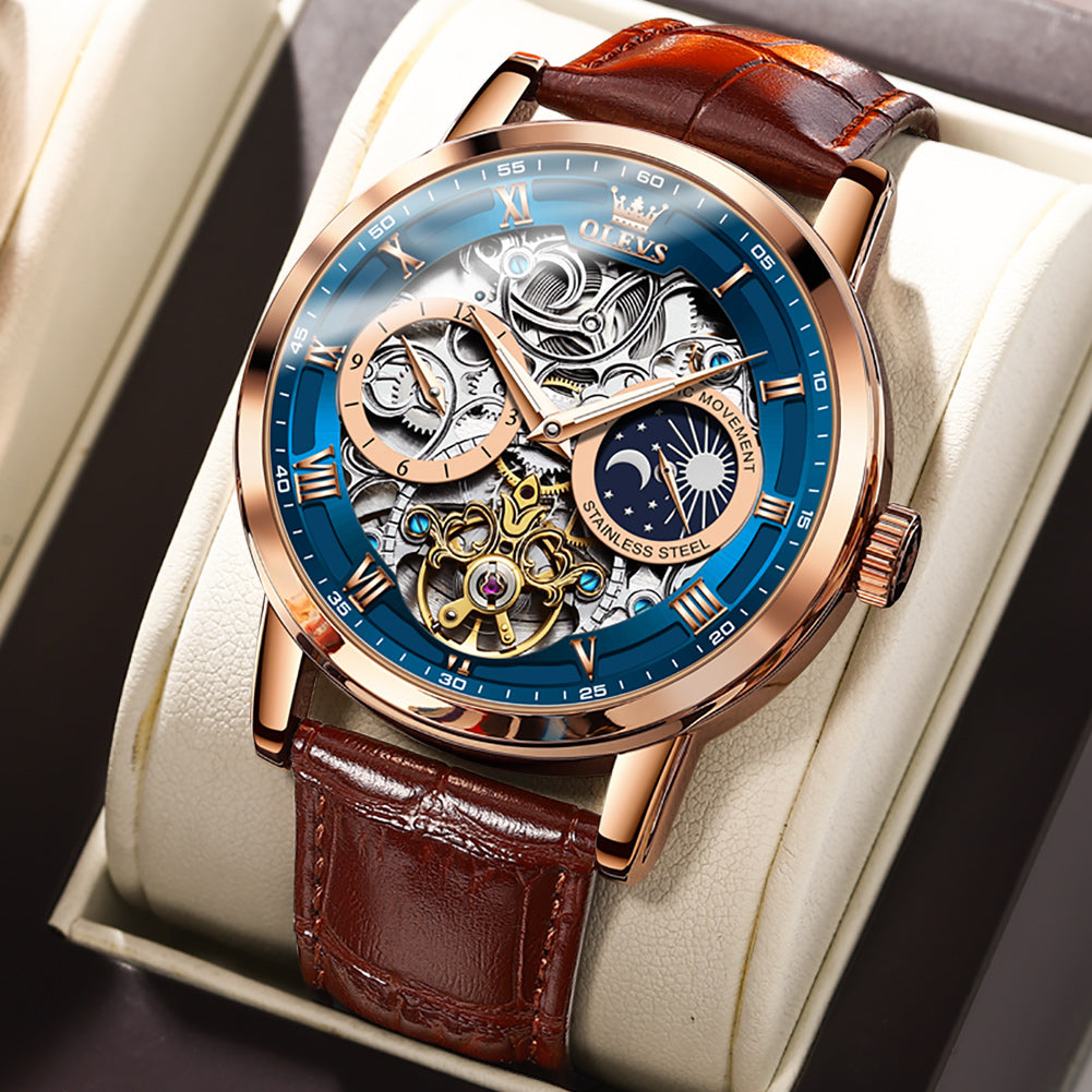 Brown Strap - Blue Dial Rose Trim