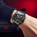 OLEVS 2942 Watches for Men Chronograph Waterproof Luxury Dress Quartz Silicon Strap Multifunction Moon Phase Calendar Luminous Men Wrist Watches Reloj Para Hombre Black/Red