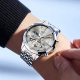 OLEVS 6620 Automatic Watches for Men Self Winding Mechanical Skeleton Luxury Dress Chronograph Gold Plated Stainless Steel Calendar Moon Phase Waterproof Luminous Mens Wrist Watches Reloj Para Hombre