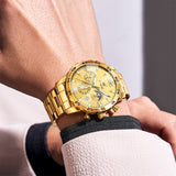 OLEVS 3678 Watches for Men Luxury Dress Chronograph Analog Quartz Gold Plated Stainless Steel Moon Phase Waterproof Luminous Date Fashion Mens Wrist Watches Reloj Para Hombre