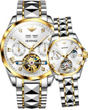 OLEVS 3186+3202 Couple Pair Watches Set Automatic Mechanical Self Winding Dress Matching Watch for His and Hers Valentines Day Gifts