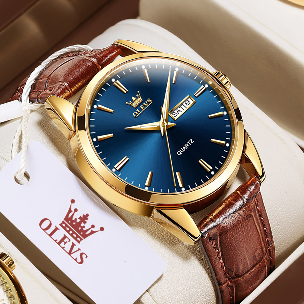 Brown Strap-Blue Dial Gold Trim