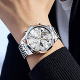 OLEVS 6620 Automatic Watches for Men Self Winding Mechanical Skeleton Luxury Dress Chronograph Gold Plated Stainless Steel Calendar Moon Phase Waterproof Luminous Mens Wrist Watches Reloj Para Hombre
