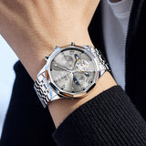 OLEVS 6620 Automatic Watches for Men Self Winding Mechanical Skeleton Luxury Dress Chronograph Gold Plated Stainless Steel Calendar Moon Phase Waterproof Luminous Mens Wrist Watches Reloj Para Hombre