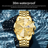 OLEVS 3676 Chronograph Watches for Men Business Dress Analog Quartz Gold Plated Stainless Steel Moon Phase Waterproof Luminous Date Luxury Mens Wrist Watches Reloj Para Hombre