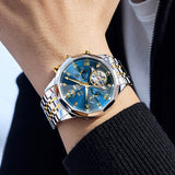 OLEVS 6620 Automatic Watches for Men Self Winding Mechanical Skeleton Luxury Dress Chronograph Gold Plated Stainless Steel Calendar Moon Phase Waterproof Luminous Mens Wrist Watches Reloj Para Hombre