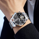 OLEVS 6620 Automatic Watches for Men Self Winding Mechanical Skeleton Luxury Dress Chronograph Gold Plated Stainless Steel Calendar Moon Phase Waterproof Luminous Mens Wrist Watches Reloj Para Hombre