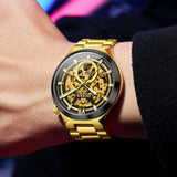 OLEVS 6722 Skeleton Watches for Men Luxury Dress Automatic Self Winding Mechanical Gold Plated Stainless Steel Waterproof Luminous Business Men Wrist Watch Reloj Para Hombre