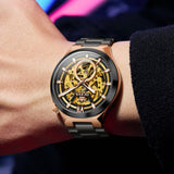 OLEVS 6722 Skeleton Watches for Men Luxury Dress Automatic Self Winding Mechanical Gold Plated Stainless Steel Waterproof Luminous Business Men Wrist Watch Reloj Para Hombre