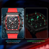 OLEVS 2942 Watches for Men Chronograph Waterproof Luxury Dress Quartz Silicon Strap Multifunction Moon Phase Calendar Luminous Men Wrist Watches Reloj Para Hombre Black/Red