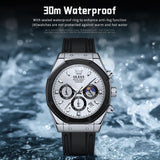 OLEVS 9911 Watches for Men Chronograph Waterproof Luxury Dress Quartz Silicon Strap Multifunction Moon Phase Business Calendar Luminous Men Wrist Watches Reloj Para Hombre Gray/Black/White