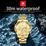 OLEVS 3678 Watches for Men Luxury Dress Chronograph Analog Quartz Gold Plated Stainless Steel Moon Phase Waterproof Luminous Date Fashion Mens Wrist Watches Reloj Para Hombre