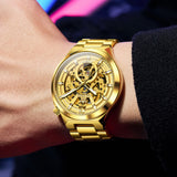 OLEVS 6722 Skeleton Watches for Men Luxury Dress Automatic Self Winding Mechanical Gold Plated Stainless Steel Waterproof Luminous Business Men Wrist Watch Reloj Para Hombre