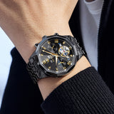 OLEVS 6620 Automatic Watches for Men Self Winding Mechanical Skeleton Luxury Dress Chronograph Gold Plated Stainless Steel Calendar Moon Phase Waterproof Luminous Mens Wrist Watches Reloj Para Hombre