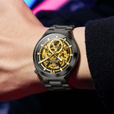 OLEVS 6722 Skeleton Watches for Men Luxury Dress Automatic Self Winding Mechanical Gold Plated Stainless Steel Waterproof Luminous Business Men Wrist Watch Reloj Para Hombre