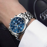 OLEVS 2858 Men's Watch, Business Chronograph Formal Stainless Steel Watch, Pointer Quartz Waterproof Luminous Men's Watch, Black and Blue Tone Stylish Holiday Gift