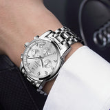 OLEVS 2858 Men's Watch, Business Chronograph Formal Stainless Steel Watch, Pointer Quartz Waterproof Luminous Men's Watch, Black and Blue Tone Stylish Holiday Gift