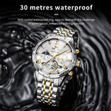 OLEVS 6620 Automatic Watches for Men Self Winding Mechanical Skeleton Luxury Dress Chronograph Gold Plated Stainless Steel Calendar Moon Phase Waterproof Luminous Mens Wrist Watches Reloj Para Hombre