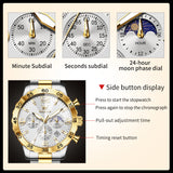 OLEVS 3678 Watches for Men Luxury Dress Chronograph Analog Quartz Gold Plated Stainless Steel Moon Phase Waterproof Luminous Date Fashion Mens Wrist Watches Reloj Para Hombre