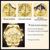 OLEVS 3678 Watches for Men Luxury Dress Chronograph Analog Quartz Gold Plated Stainless Steel Moon Phase Waterproof Luminous Date Fashion Mens Wrist Watches Reloj Para Hombre
