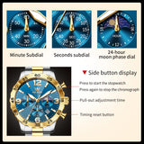 OLEVS 3678 Watches for Men Luxury Dress Chronograph Analog Quartz Gold Plated Stainless Steel Moon Phase Waterproof Luminous Date Fashion Mens Wrist Watches Reloj Para Hombre