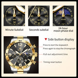 OLEVS 3678 Watches for Men Luxury Dress Chronograph Analog Quartz Gold Plated Stainless Steel Moon Phase Waterproof Luminous Date Fashion Mens Wrist Watches Reloj Para Hombre