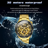 OLEVS 6722 Skeleton Watches for Men Luxury Dress Automatic Self Winding Mechanical Gold Plated Stainless Steel Waterproof Luminous Business Men Wrist Watch Reloj Para Hombre