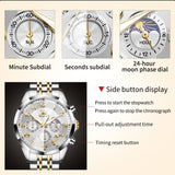 OLEVS 3676 Chronograph Watches for Men Business Dress Analog Quartz Gold Plated Stainless Steel Moon Phase Waterproof Luminous Date Luxury Mens Wrist Watches Reloj Para Hombre