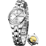 OLEVS 3262 Automatic Womens Watch Blue Two Tone Date Watches Mechanical Calendar Watches Diamond Fashion Waterproof Female Wrist Watch