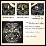 OLEVS 3678 Watches for Men Luxury Dress Chronograph Analog Quartz Gold Plated Stainless Steel Moon Phase Waterproof Luminous Date Fashion Mens Wrist Watches Reloj Para Hombre