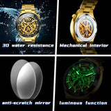 OLEVS 6722 Skeleton Watches for Men Luxury Dress Automatic Self Winding Mechanical Gold Plated Stainless Steel Waterproof Luminous Business Men Wrist Watch Reloj Para Hombre