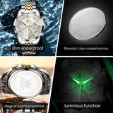 OLEVS 3676 Chronograph Watches for Men Business Dress Analog Quartz Gold Plated Stainless Steel Moon Phase Waterproof Luminous Date Luxury Mens Wrist Watches Reloj Para Hombre