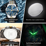 OLEVS 3676 Chronograph Watches for Men Business Dress Analog Quartz Gold Plated Stainless Steel Moon Phase Waterproof Luminous Date Luxury Mens Wrist Watches Reloj Para Hombre