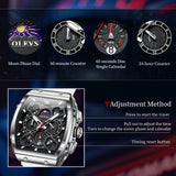 OLEVS 2942 Watches for Men Chronograph Waterproof Luxury Dress Quartz Silicon Strap Multifunction Moon Phase Calendar Luminous Men Wrist Watches Reloj Para Hombre Black/Red