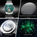 OLEVS 6689 Automatic Watches for Mens Starry Sky Skeleton Tourbillon Self Winding Mechanical Moon Phase Luminous Waterproof Luxury Dress Mens Wrist Watches Gifts Reloj Para Hombre Black/Blue/Green