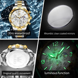 OLEVS 3678 Watches for Men Luxury Dress Chronograph Analog Quartz Gold Plated Stainless Steel Moon Phase Waterproof Luminous Date Fashion Mens Wrist Watches Reloj Para Hombre