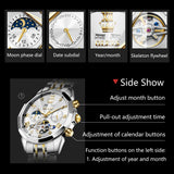 OLEVS 6620 Automatic Watches for Men Self Winding Mechanical Skeleton Luxury Dress Chronograph Gold Plated Stainless Steel Calendar Moon Phase Waterproof Luminous Mens Wrist Watches Reloj Para Hombre
