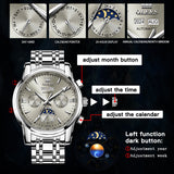 OLEVS 6633 Mens Watches Automatic Luxury Big Face Multi Calendar Stainless Steel Waterproof Luminous Wrist Watch for Men