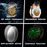 OLEVS 6722 Skeleton Watches for Men Luxury Dress Automatic Self Winding Mechanical Gold Plated Stainless Steel Waterproof Luminous Business Men Wrist Watch Reloj Para Hombre
