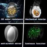 OLEVS 6722 Skeleton Watches for Men Luxury Dress Automatic Self Winding Mechanical Gold Plated Stainless Steel Waterproof Luminous Business Men Wrist Watch Reloj Para Hombre