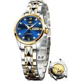 OLEVS 3262 Automatic Womens Watch Blue Two Tone Date Watches Mechanical Calendar Watches Diamond Fashion Waterproof Female Wrist Watch