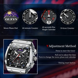 OLEVS 2942 Watches for Men Chronograph Waterproof Luxury Dress Quartz Silicon Strap Multifunction Moon Phase Calendar Luminous Men Wrist Watches Reloj Para Hombre Black/Red