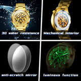 OLEVS 6722 Skeleton Watches for Men Luxury Dress Automatic Self Winding Mechanical Gold Plated Stainless Steel Waterproof Luminous Business Men Wrist Watch Reloj Para Hombre