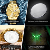 OLEVS 3676 Chronograph Watches for Men Business Dress Analog Quartz Gold Plated Stainless Steel Moon Phase Waterproof Luminous Date Luxury Mens Wrist Watches Reloj Para Hombre