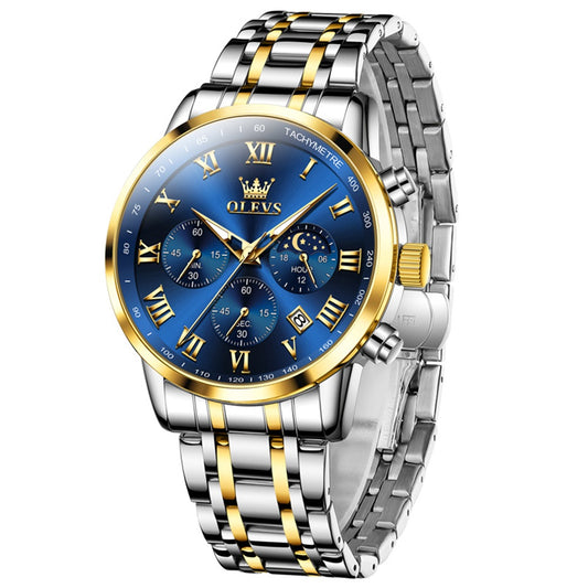 OLEVS Men Watch 5529 Stainless Steel Chronograph Roman Numerals Moon Phases Analog Quartz Dress Watch for Men