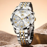 OLEVS 3676 Chronograph Watches for Men Business Dress Analog Quartz Gold Plated Stainless Steel Moon Phase Waterproof Luminous Date Luxury Mens Wrist Watches Reloj Para Hombre